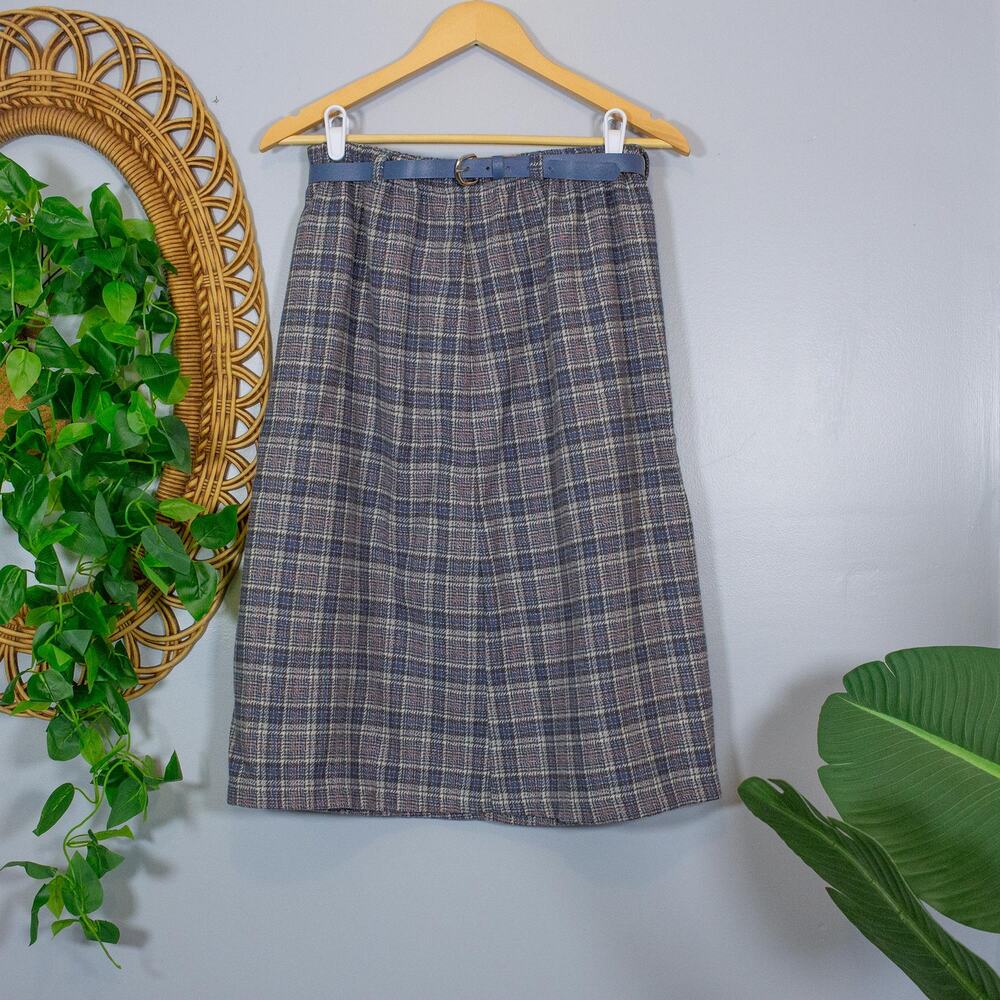 Vtg Plaid Skirt Blue Gray Check Knee-Length 80s Academia with Belt | Soft Summer